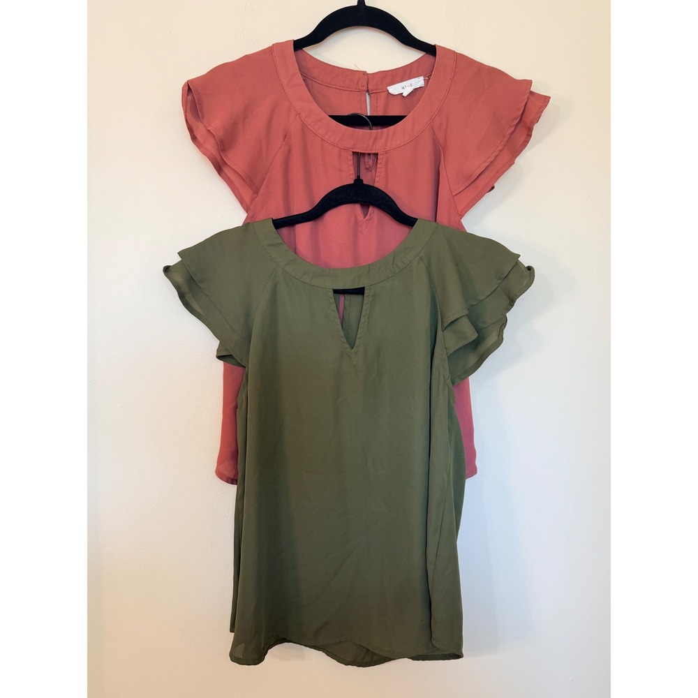 Mine Flutter Sleeve Blouse Set of 2 Olive Green Pink Keyhole Neck Medium